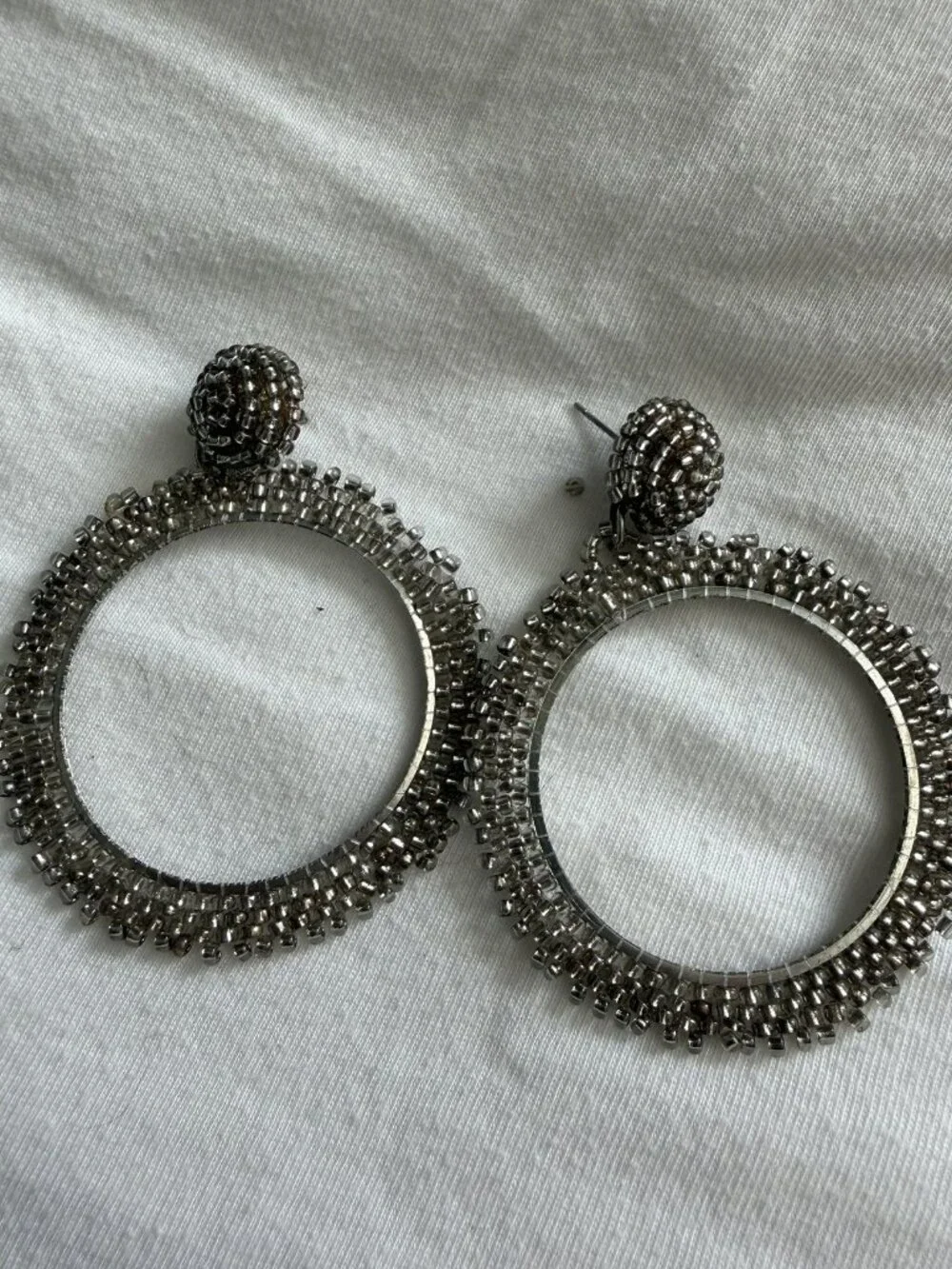 Silver Tone Beaded Fringe Large Hoop Statement Earrings